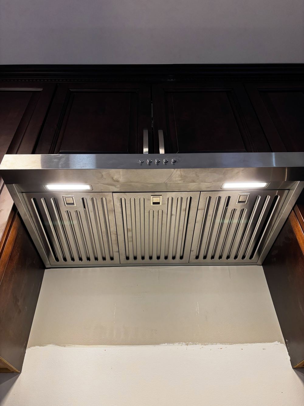 New stainless range hood with LED lights installed under dark wood cabinets in a Surrey condo